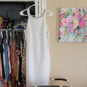Calvin Klein White Maxi Dress with Beaded Halter Neckline IMPERFECTIONS SEE PICS